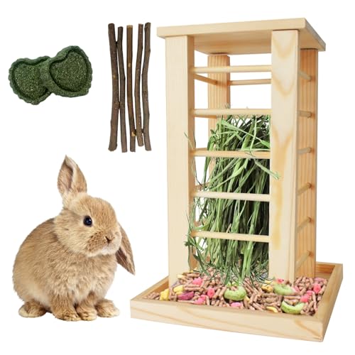 kathson Rabbit Wooden Hay Feeder,Wooden Rabbit Hay Rack Less Wasted Guinea Pig Hay Holder Wood Small Animal Hay Feeder Self Standing Cage Accessories for Chinchillas Hamsters Bunny