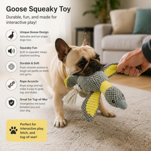 Dog Squeaky Toy Plush Goose Dog Chew Toy with Cotton Rope Tassels, Interactive Tug Toy for Small, Medium and Large Dogs - color: Gray Bird