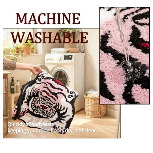 Tibetan Tiger Rug, Pink Tiger Bath Mat Fun Animal Bathroom Rug | 24 x 40 In, Soft Plush Pile, Non-Slip Backing, Washable, Irregular Shape, Bedroom and Living Room Floor Accent - color: Pink
