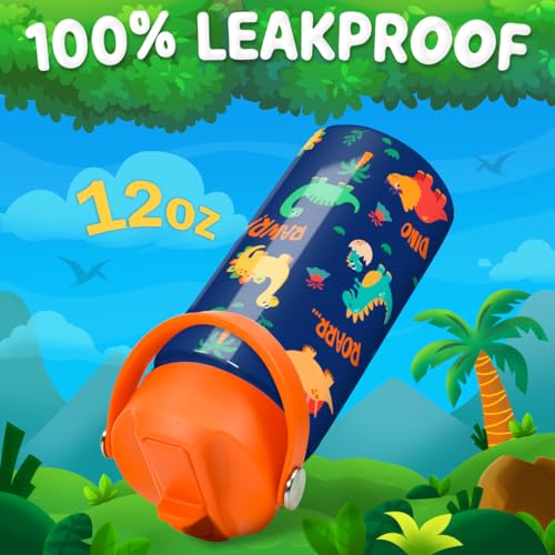 Dinosaur Water Bottle for Boys - Kids Water Bottle with Straw Lid - 12 Oz Insulated Stainless Steel Water Bottles for Kid - Travel Cup for School Sports - color: Dinosaur 2