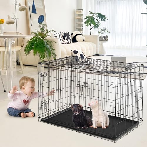 TrailBlaze Collapsible Metal Wire Cage for Small Animals - Thickened Mesh Floor, Leak-Proof Removable Tray, Double Door, Rust-Resistant - for Rabbits, Guinea Pigs, Ferrets, Cats, Chinchillas, Rats - - color: matte black