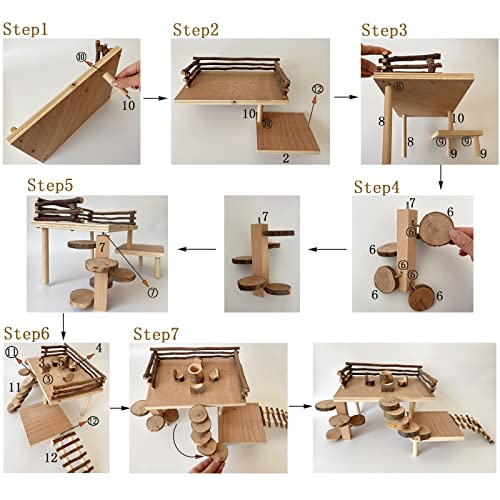 VolksRose Wooden Hamster Playground Platform, Hamster Climbing Toy, Natural Living Climb System, Small Animals Activity Set with Ladder Food Bowl Ramp Bridge for Mouse Gerbil Rat Chinchilla - color: #3