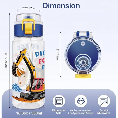 Tritan Kids Water Bottle for School, 18.6 Oz Leakproof Toddler Water Bottle | with a Pop-up Detachbale Straw, 2-in-1, Dishwasher Safe, 1-Pack, Construction Truck - color: Construction Truck