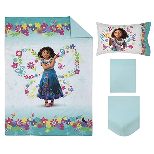 Disney Encanto Tropical Delight Pink and Aqua Flowers and Butterflies 4 Piece Toddler Bedding Set - Comforter, Fitted Bottom Sheet, Flat Top Sheet and Reversible Pillowcase - color: Disney Encanto