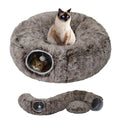 Cat Tunnel Bed for Indoor Cats with Washable Cushion Cat Cave Donut Tunnel with Fluffy Ball Big Round Tube Pet Playground Toys Soft Plush Peekaboo for Kitten, Cat, Puppy, Rabbit, Ferret（Brown） - color: Brown