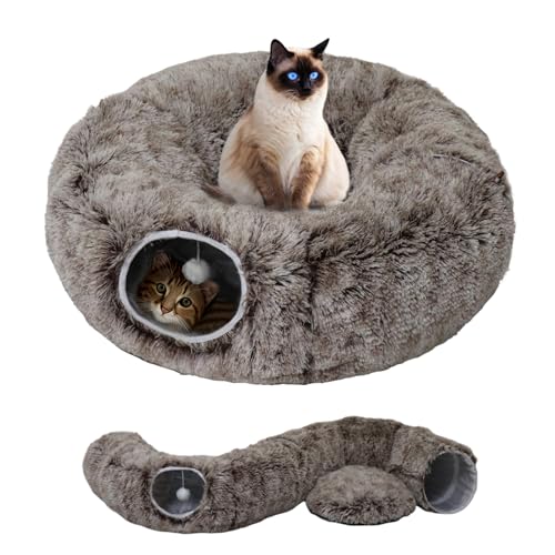 Cat Tunnel Bed for Indoor Cats with Washable Cushion Cat Cave Donut Tunnel with Fluffy Ball Big Round Tube Pet Playground Toys Soft Plush Peekaboo for Kitten, Cat, Puppy, Rabbit, Ferret（Brown） - color: Brown