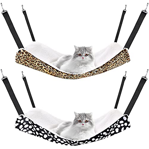 Jetec 2 Pack Cat Hammock for Cage, Catio Accessories Reversible Soft Cats Bed with Adjustable Straps and Hooks Double-Sided Linen and Fleece Hanging Hammock for Cats, Kitten(Leopard and Dot,S) - size: S