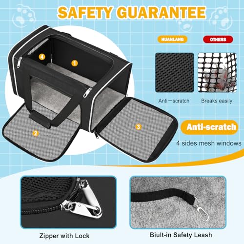 HUANLANG Large Cat Carrier Soft Sided Travel Pet Carrier Airline Approved | Dog Carriers for Small Dogs Medium Cats,Collapsible,3 Storage,zipper lock,Reflective strips,Luggage Strap,Up to 15 Lbs, Black - color: Black 1