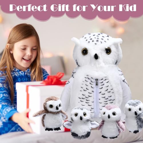 Hollowfly 5 Pcs Owls Plush Toy Gift Set 15.7" Mommy Snowy Owls with 4 Cute White Babies Stuffed Animal in Zippered Belly Nurturing Plushies Toy Set for Kid Adults Birthday Birthday Party Favors Gifts - style: Owls
