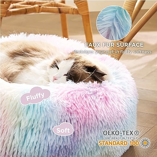 Bedsure Calming Cat Beds Donut Round Washable Kitten Bed,20 inches | Fluffy Faux Fur Cuddler,Anti-Slip Bottom,Anti-Anxiety,Deep Sleeping for Cats&Small Pets Up to 15 Lbs,Multi Color - color: Multi Color, size: 20"L x 20"W x 6"Th