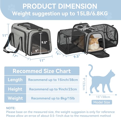 Petsfit 17" x 11" x 11" Airline-Approved Expandable Pet Carrier, 2X Square Expansion Reduces Pet Anxiety, Escape-Proof Self-Locking Zippers, 5 Easy-Access Entrances, for Cats & Small Dogs up to 15 lbs - color: Gray, size: 17.0"L x 11.0"W x 11.0"H