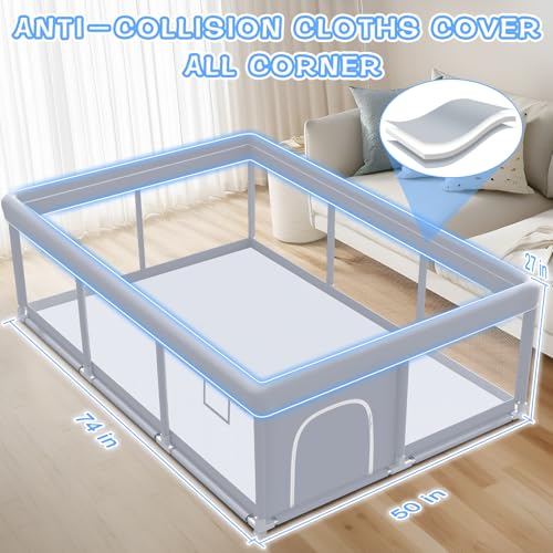 XVISHX Baby Playpen 74 x 50 Inch Play Pen Playards, Playpen for Babies and Toddlers, Baby Playard for Indoor & Outdoor Active Center Game Fence, with Skin-Friendly Fabric and Soft Breathable Mesh Grey - color: Grey, size: 74 × 50 Inch