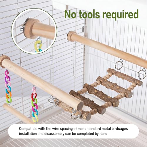 Bird Perches Ladder with Swing,Natural Wood Parrot Climbing Bridge Toys | Wood Climbing Ladder for Parakeet, Exercise Play Stand Parakeet Cage Accessories for Budgie Conure Lovebird Canary,A - color: A