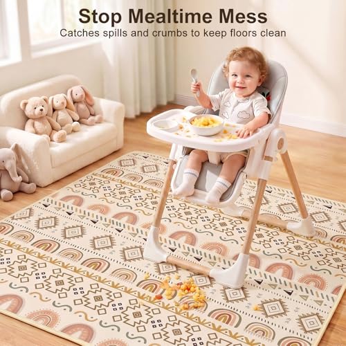 Basumee Splat Mat for Under High Chair, Waterproof & Mess-Proof Floor Mat | 46"×42" Baby Splash Mat, Non Slip Bottom, 4-Layer Fabric, Food & Liquid Catcher, Machine Wash for Boy Girl, Meals, BLW, Craft - color: Brown Geometry, size: 46x42 Inches