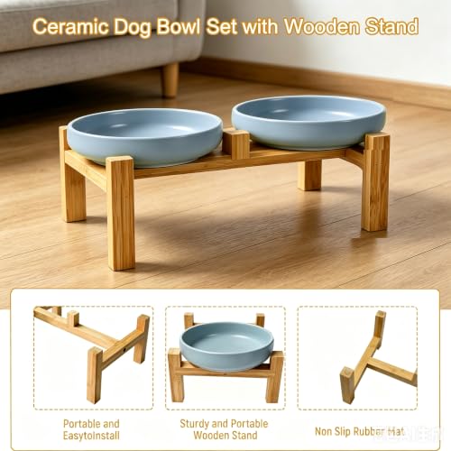 Shallow Elevated Cat Bowls with Bamboo Stand, 6.1 Inch Wide Ceramic Cat Dish Whisker Friendly, 2 Pack Pet Food and Water Plates - color: Grey elevated