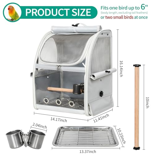 Bird Carrier Bag, Bird Travel Cage with Standing Perch and Indestructible Stainless Steel Mesh, Protable Transparent Breathable Carrier with Feeder Cups for Small Birds Parrot Parakeet, Grey - size: 16.0"L x 13.0"W x 10.0"H