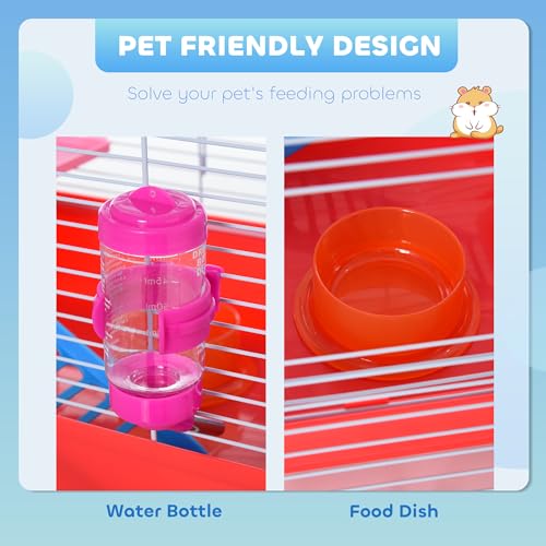 PawHut 18.5" Hamster Cage Exercise Wheel Water Bottle 2-Story Design Red | Dish, Rat House, Habitat
