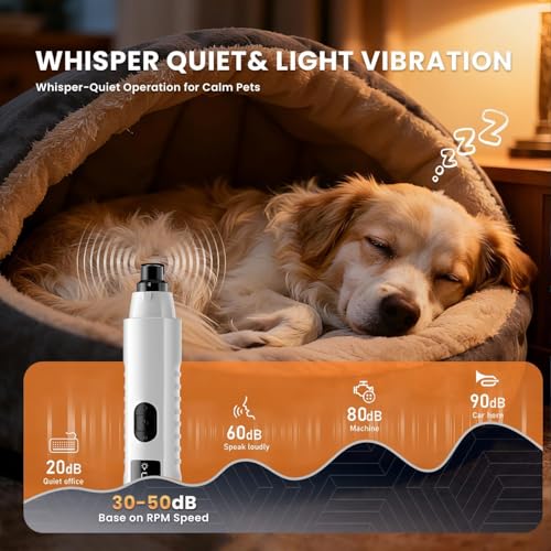 Quiet Pet Nail Grinder with LED Light, 5-Speed Adjustable Dog Nail Grooming Tool for Home Grooming of Small Medium Large Pets, USB Rechargeable