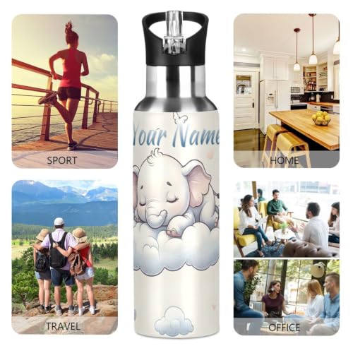 Custom Elephants Animal Forest Water Bottle Kids Stainless Steel Bottle with Straw Lid Personalized Name Boys Girls Insulated Cup for School 20 oz - color: Multi100