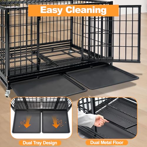 Homey Pet Stackable Heavy Duty Large Dog Crate Cage Kennel for Large Dogs | 47 Inch Black Solid Indestructible Kennel with Lockable Wheels, Double Door, Removable Dual Trays, Escape Proof Auto Locks - size: 46.5"L x 28.5"W x 35.0"H