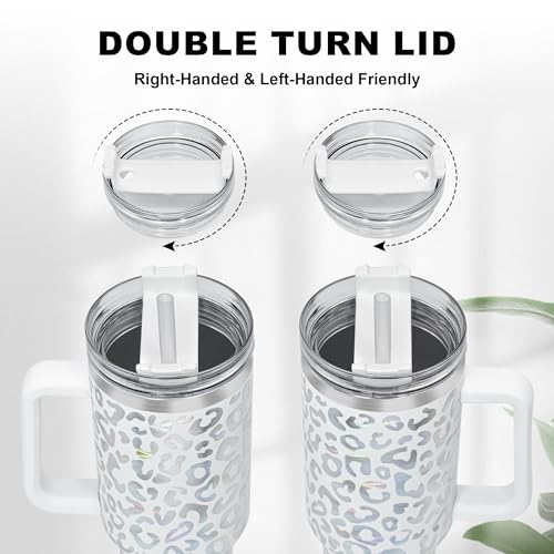 40 oz Tumbler with Handle and Straw, 100% Leak-Proof Travel Mug, Stainless Steel Double Wall Vacuum Insulated Coffee Cup Keeps Cold For 34 Hours, Dishwasher Safe, White Leopard - color: White Leopard