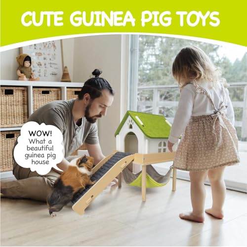 BESNEW 3 in 1 Enlarged Guinea Pig Hammock,Wooden Guinea Pig Hideout with House & Platform & Stairs Small Animal Toys for Hiding Sleeping Activities - color: Matcha White