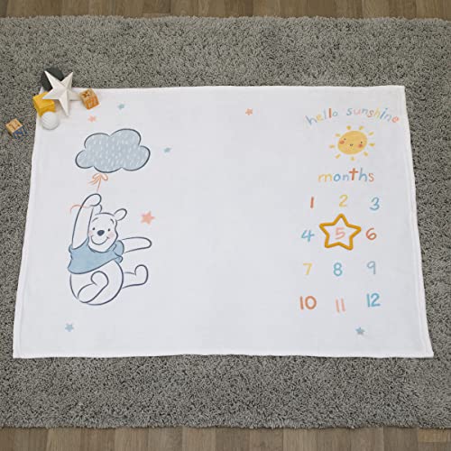 Disney Winnie The Pooh White, Yellow, and Aqua Super Soft Milestone Baby Blanket - color: Disney Winnie the Pooh