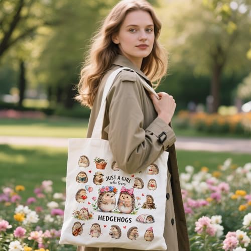 ANATTASOUL Canvas Tote Bag Reusable Cotton Bag for Women, Large 14.96"x 15.74" Cloth Shoulder Bags with Zipper Pockets - style: Hedgehog and Flowers
