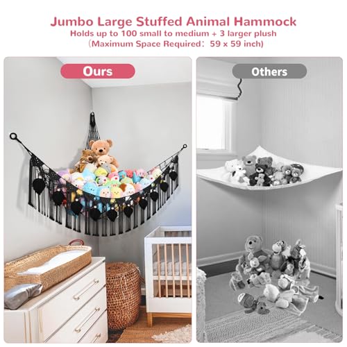 82.7x59x59 Inch Jumbo Stuffed Animal Storage Hammock Corner Toy Net, Black | Macrame Leaf Hanging Stuffed Animal Net Organizer for Stuffy Plush,Toy Hammock Holder w/Star Lights,Nursery Room Decor Gift - color: Black, size: XXX-Large Leaf Style