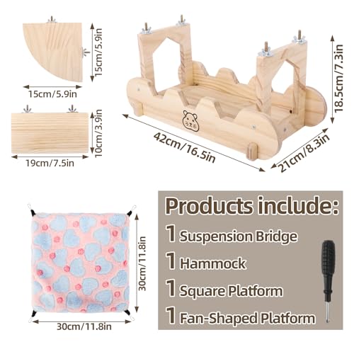 Wood Chinchilla Suspension Bridge, Chinchilla Ledges and Hammock, Small Animals Habitat Toy, Cage Accessories & Habitat Décor for Chinchillas, Hamster, Guinea Pig, Squirrel, Sugar Glider