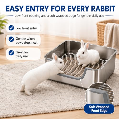 Stainless Steel Litter Box for Rabbit, Metal Bunny Litter Box Sifting Large | Non-Chewable, Easy to Clean, Long-Lasting Use, Odor Control, L: 17.2" x 13.4" x 5.9"