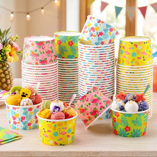 Jingmore 100 Pcs Ice Cream Paper Cups Bulk 8 oz Disposable Dessert Bowls for Hot or Cold Food Snack Treats Gift for Birthday Summer Party Favor Decoration(Hawaii) - style: Hawaii