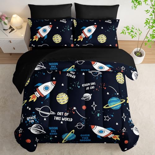 7pcs Space Comforter Set Astronaut Space Rocket Printed Bedding Set with 1 Comforter, 1 Flat Sheet, 1 Fitted Sheet and 4 Pillowcases for Boys and Girls Bedroom (Astronaut Twin - color: Astronaut, size: Twin 68x86inches