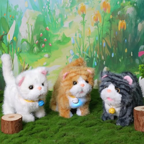 Easfan Walking Kitty Cat Stuffed Animal Talking Plush Toy for Kids | Wagging leash tail, Interactive , electric musical birthday holiday gifts, for toddlers - style: Tabby cat