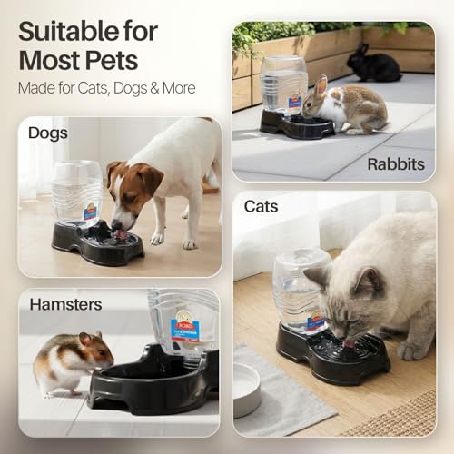 Flexzion Automatic Gravity Pet Waterer for Cat & Dog - Non-Skid & Easy-Clean Auto Replenish Water Dispenser Drinking Bowl (1/4 Gallon/ 900ml), Black
