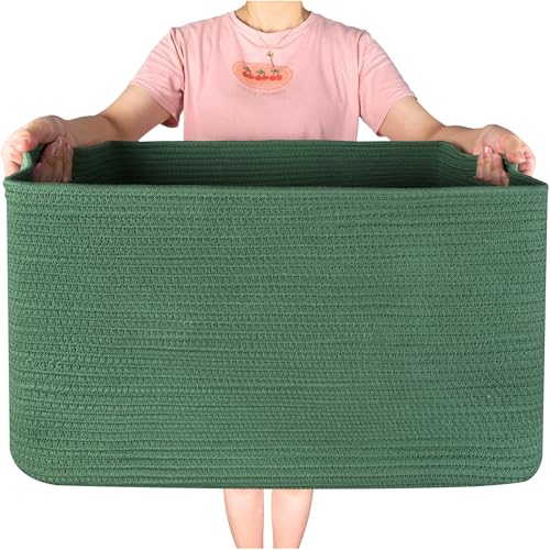 22in Extra Large Blanket Basket Holder Living Room, Rectangle Rope Woven Storage Basket with Handles for Laundry, Pool Towels, and Shoes, Dog Toy Organizer Bin Box, Forest Green - color: Forest Green