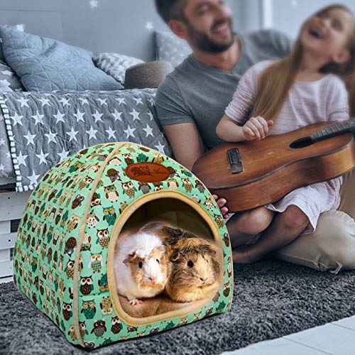 Guinea Pig Bed Hideout, Washable Hamster Cave for Small Animals | Removable Cushion for Cleaning, Warm Fleece Nest, Washable Bed,10.23 x 10.23 x 11 in, Dwarf Rabbits Hedgehogs - color: Green