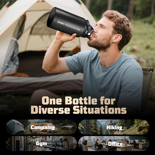 ONETIGRIS 64oz Tactical Insulated Water Bottle with 3 Lids & MOLLE Pouch | 48H Cold & 24H Hot Double Wall, 304 Stainless Steel Wide Mouth, BPA Free Leakproof Silicone Seal, Paracord Handle Easy Carry - color: Camo Black