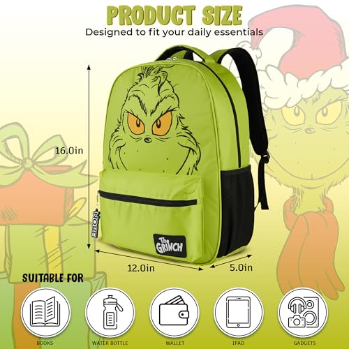 AI ACCESSORY INNOVATIONS Dr. Suess’s The Grinch Backpack for Boys & Girls Featuring a Big Face Grinch, 16”Bookbag w/Molded Nope Dangle, Green - style: Grinch Backpack