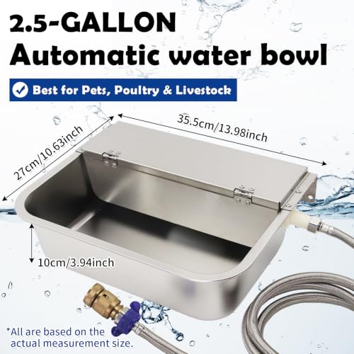 Automatic Dog Water Dispenser 2.5 Gal, 304 Stainless Steel Auto Pet Waterer Bowl with Drainage System + 6.56ft Hose + Float Valve, for Goat Chicken Horse Livestock, 3/4'' GHT Connector Included