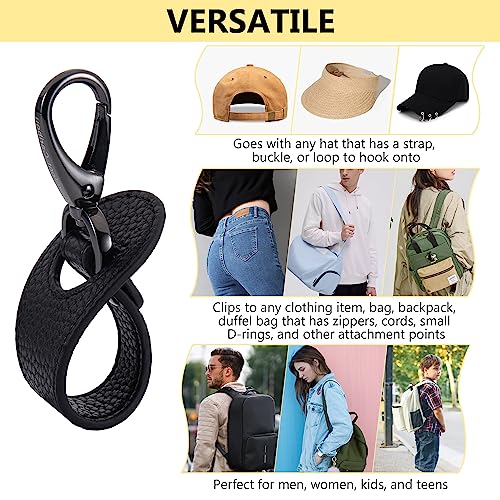 Hat Clip for Travel, Cap Holder Strap for Bags | Faux leather tab, zinc alloy clasp, fits baseball snapback and ponytail caps, mouse ear holder, hands free travel - color: Black