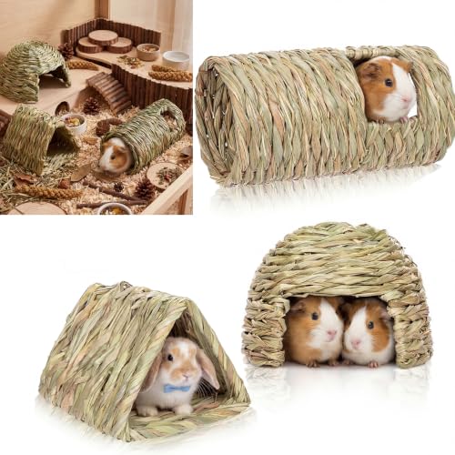3 Pcs Guinea Pig Natural Grass Tunnel Set - Bunny Hideout House & Explore Tube, Winter Warm Small Animal Hideaway Toys for Syrian Hamsters Rats Chinchillas