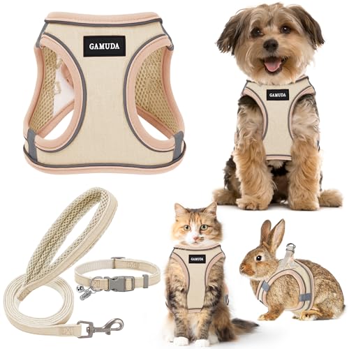 GAMUDA Small Pet Harness Collar and Leash Set, Step in No Chock No Pull Linen Fabric Soft Mesh Dog Vest Harnesses Reflective for Dogs Puppy Cats Kitten Rabbit (Khaki, XXS) - color: Khaki, size: XXS