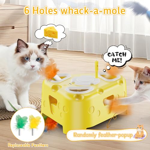 Automatic Cheese-Shaped Interactive Cat Toy – Flying Bird, 6-Hole Mole & Rotating Feather | USB Rechargeable Electronic Feather Toy for Indoor Adult Cats & Kittens, Relieves Boredom | Cheese-shaped non-slip base, 3 play modes, USB-C rechargeable 1200mAh b