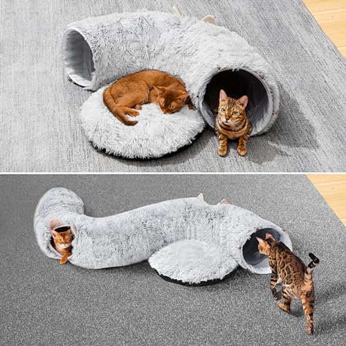 Cat Tunnel with Cat Bed for Indoor Cats, Under Christmas Tree Soft Plush Peekaboo Cat Cave Donut Tunnel, Multifunctional Playground Toys Hideplace for Kittens, Rabbit, Ferret (Grey) - color: GREY