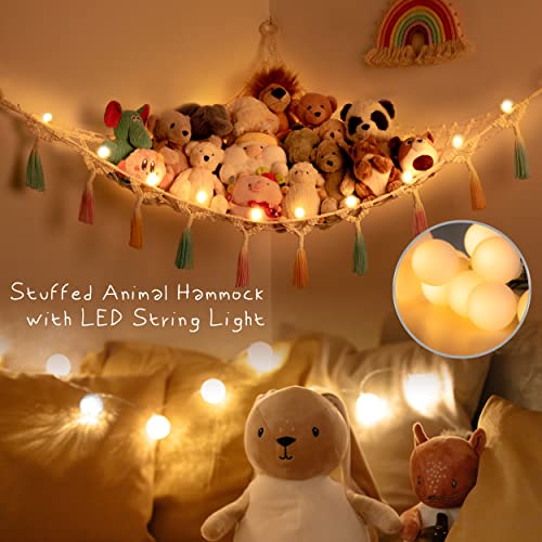 Stuffed Animal Net or Hammock with Light,Yewiwin Macrame Hanging Net Hammock for Stuffed Animal Toy Storage Organizer Boho Decor Room Holder for Nursery Play Room Bedroom (Beige) - color: Beige(42"*42"*57")