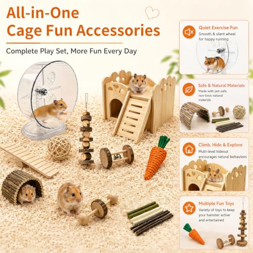 Hamster Cage Accessories Set with Silent Exercise Running Wheels and Natural Chew Toys, Wooden Hamster Toys and Habitat Decor for Syrian Hamsters, Gerbils, and Mice