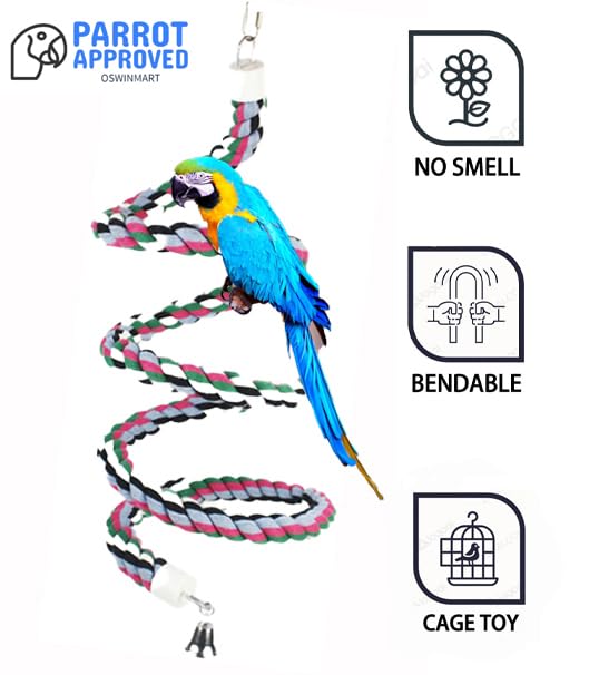 94.4inch Length Colorful Cotton Bendable Rope Perch Swing Bird Chew Toys Amazon Parrots Cage Toys with Bell Swing Climbing Standing Bungee Bird Toys for Regular to Big Size Birds - size: 94.4'x1pc