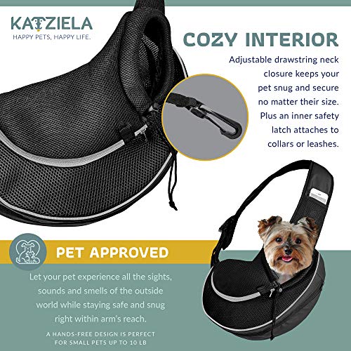 Expandable Pet Carrier Sling Bag - Small Dog, Puppy and Cat Carrier Front Shoulder Backpack w/Harness Strap - Carrying Pouch for ESA, Animal Travel - PU Leather Bottom, Mesh Pocket by Katziela (Black) - color: Black