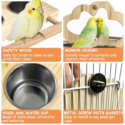 Tfwadmx Bird Parrot Wooden Feeding Cups, Small Bird Feeding Dish Cups Stainless Steel Birds Bowls Food Water Bowls with Food Holder for Cockatiel Parakeet Macaw Finches Lovebirds